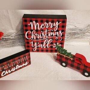 Buffalo Plaid Bundle of 3 Christmas Holiday Wooden Shelf Sitter sign Decor